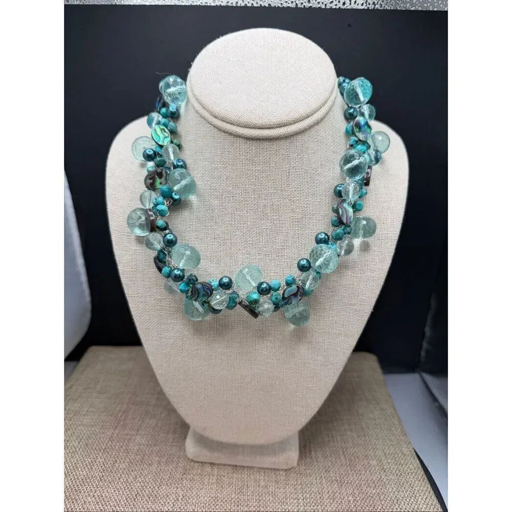 Chunky Aqua Teal Glass & Shell Bead Statement Necklace
